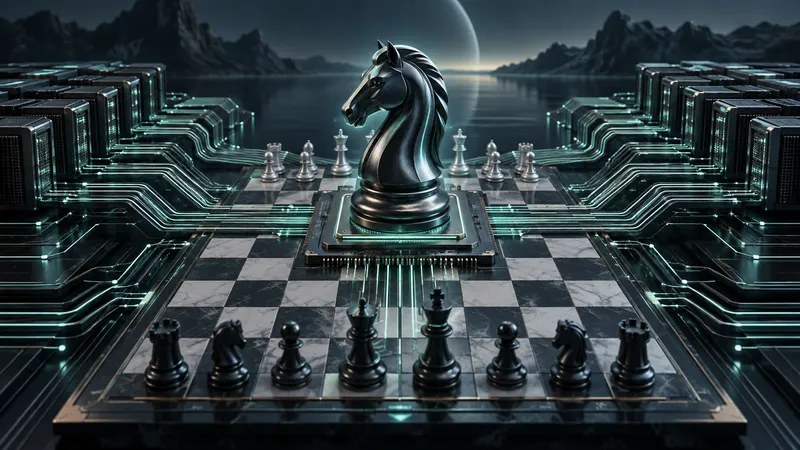 Conceptual illustration of a chess knight on a GPU chip with parallel circuit paths.