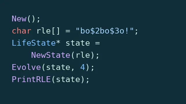 A syntax-colored LifeAPI code example initializing and evolving a glider.