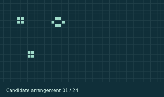 Animated enumeration of different block and beehive catalyst placements.