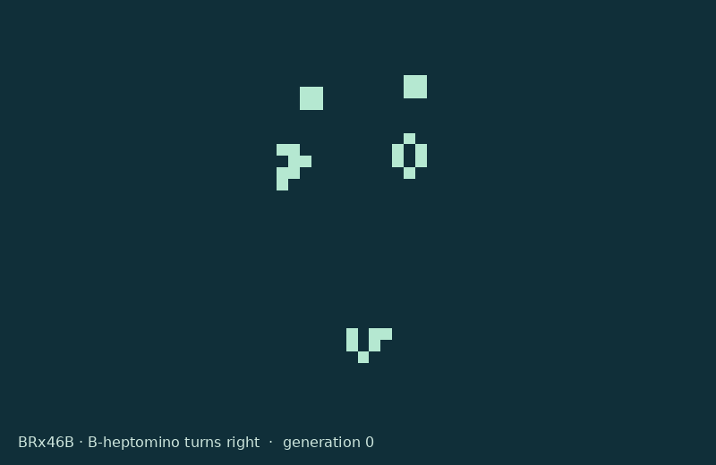 B-heptomino evolving through the 46-generation BRx46B conduit.